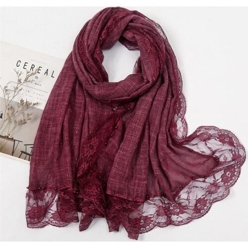 New Women Lace Stitch Floral Beads Patchwork Viscose Shawl Scarf High Quality Wrap Pashmina Snood Bufandas Muslim Hijab 200*87Cm