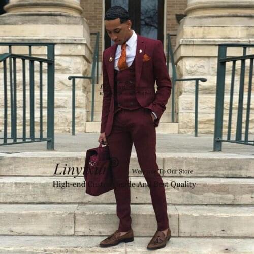 Burgundy 3 Pcs Mens Suits Wedding Tuxedos Custom Made 2021 Groom Groomsmen Suit Mens' Business Formal Wear Costume Homme