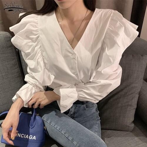 Blusas Mujer 2020 New Autumn Korean Fashion Clothing Ruffles V-neck Long Sleeve Shirt Women Cardigan Elegant Womens Blouse 9656