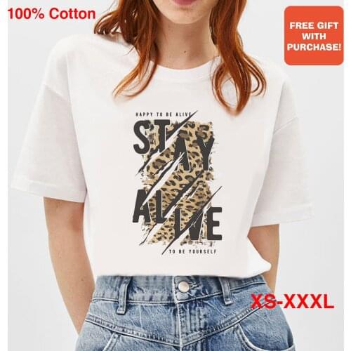 BLINGPAW Feminist T Shirt Stay Alive Vintage Leopard Print Women White Basic Tops & Tees 100% Cotton Brand Womens Tee Shirts