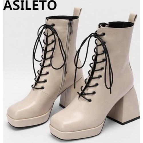 ASILETO Short Ankle Boots Women PU Leather Strap Up Zip Slim Platform Block Thick High Heel Ladies Square Toe Fashion 43 S2356