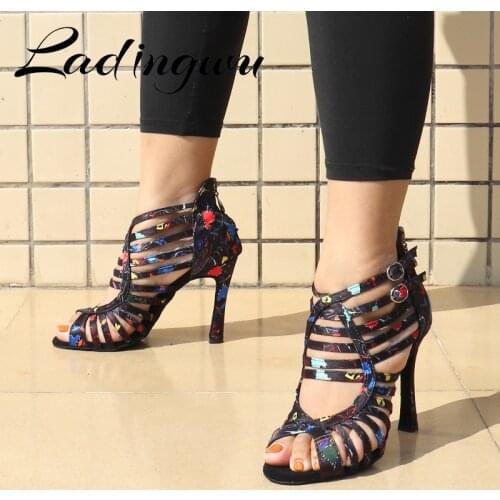 Ladingwu New Modern Floral Satin Salsa Dance Boots Woman Girls Simple Style Latin Dance Shoes Soft Bottom Ballroom Dance Shoes