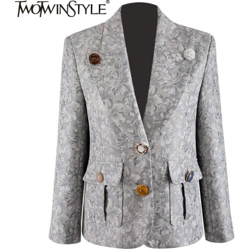 TWOTWINSTYLE Gray Jacquard Dual Pocket Female Blazers Notched Long Sleeve Korean Fashion Straight Womens Jacket Autumn 2021 New