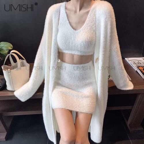 White Hippocampus Women 3-Piece Set V-neck Short Vest Mini Skirt Long sleeve Cardigan Knitted Sweater Chic Fall Winter Suit 2021