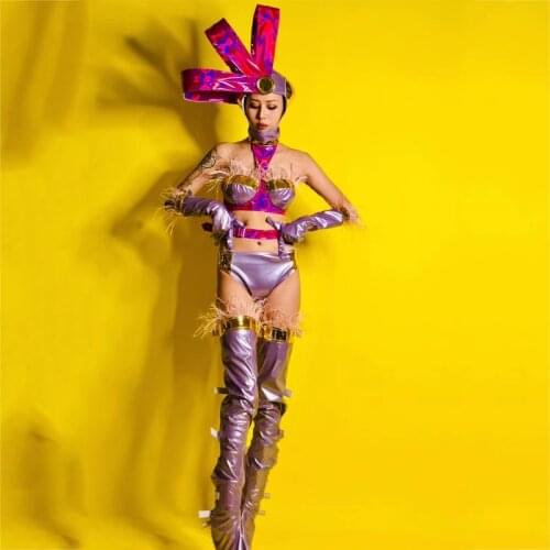 Women Party Show Bauhinia Ostrich Fur Suit Rave Outfits Sexy Bodysuit Nightclub Clothing Gogo Costume Pole Dance Clothing XS1538