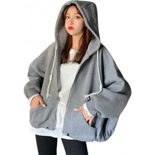 Women Autumn Hood Coat Long Batwing Sleeve Letters Print Plush Hoodie Zipper Closure Loose Jacket 2021