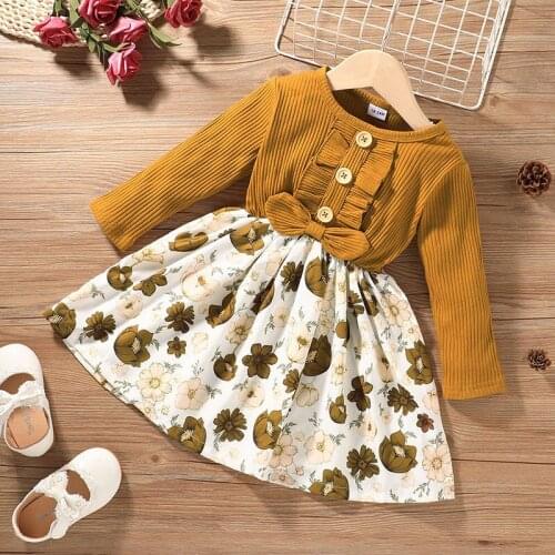 2021 Spring and Autumn Floral Print Dress Childrens Princess Dresses Girls Baby Long Sleeve Loose Bow Dress