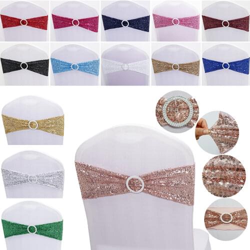 10pcs Shiny Sequin Chair Glitter Bow Sash Lycra Stretch Glitter Chair Sashes Band With Round Buckle For Hotel Party Wedding Sale