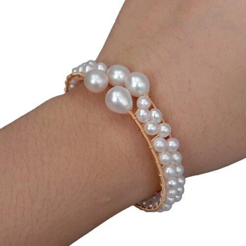 YYGEM natural Cultured White Pearl Handmade Gold plated Bangle Bracelet Fashion Jewelry For Women