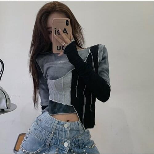 Womens T-Shirt Tie-Dye Color Matching Irregular T-Shirt Women Sexy Slim Crop Top Korean Style Long Sleeve Chic Design T-Shirt
