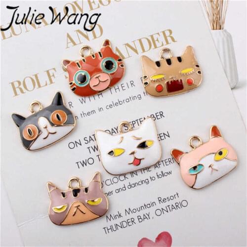 Julie Wang 5PCS Enamel Cartoon Cat Charm Alloy Animal Head Gold Tone Drop Oil Necklace Pendant Bracelet Accessory Jewelry Making