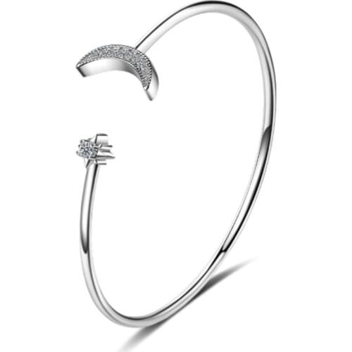 Korean style stars moon shape crystal curved opening personality fashion trend silver plated bangles LU001