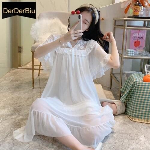Summer Short-Sleeved Ladies Nightdress Palace Sexy Sleepwear Princess Lace Night Gown Net Yarn Long Skirt Cotton Women Homewear