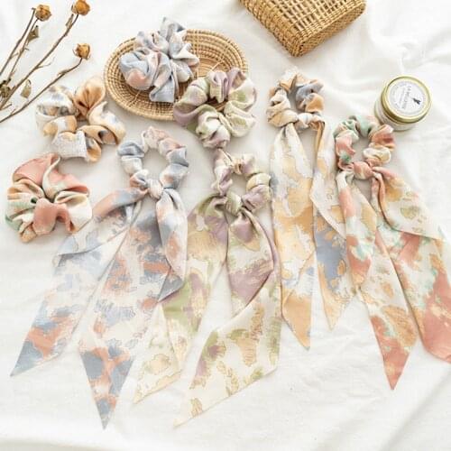 Fashion Bow Hair Scrunchie Long Ribbon Hair Ties Chiffon Floral Hair Scarf Elastic Hair Bands Ponytail Holder Hair Accessories