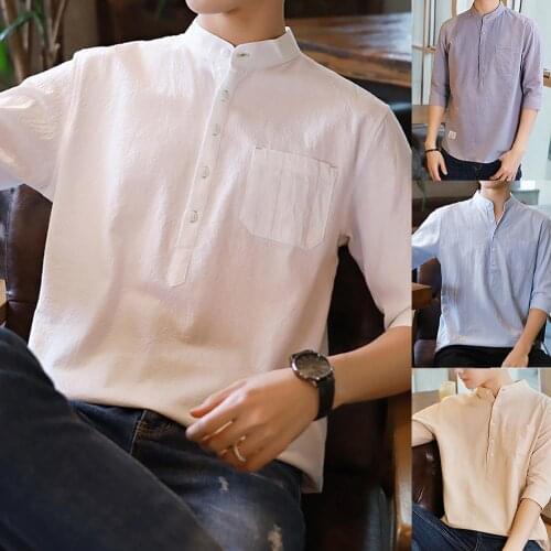 Mens Summer Shirt Casual Stand Collar Blouse Three-quarter Sleeve Cotton Linen Shirt Male Top Large Pullover Blouse Top 2020