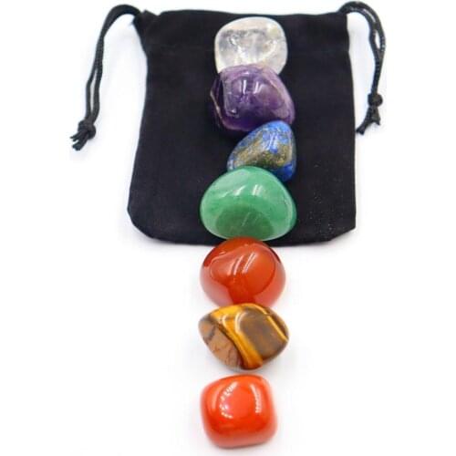 1 Set Natural Crystal Stone Seven Chakras Black Cloth Bag Unpolished Collection Gift