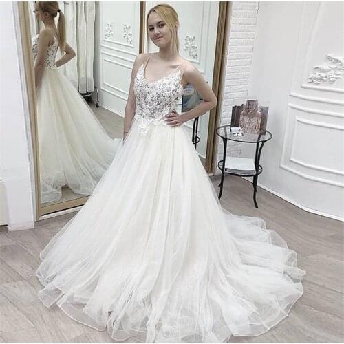 2021 New V-neck Wedding Dress White Ivory Illusion Bodice Sleeveless A-line Bridal Dress Sparkle Appliques