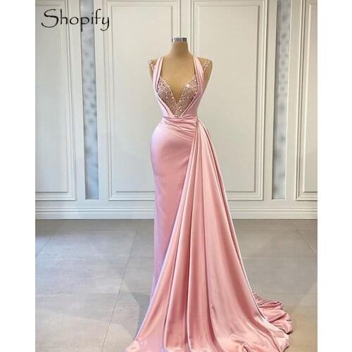 New Arrival V-neck Sleeveless Beaded Sequined Real Sample Skinny African Women Long Pink Evening Dresses 2021