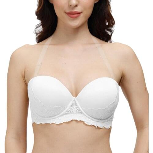New Silicone Halter Women Sexy White Lace Bras Push Up Strapless Adjusted Multiway Straps Bra Padded Underwire