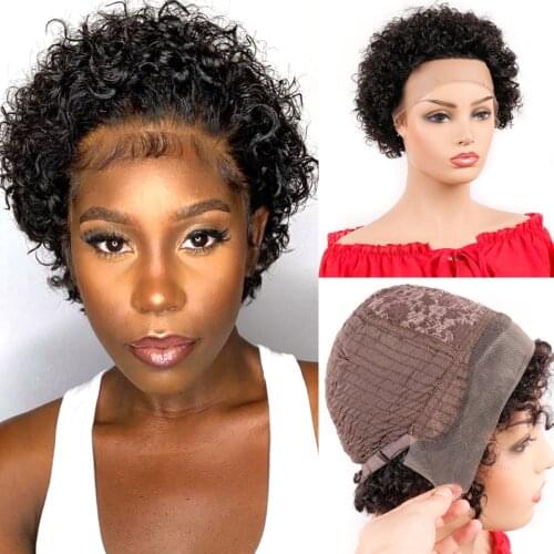 Pixie Cut Wig Short Curly Bob Lace Wigs Brazilian 13x1 Free Part Lace Frontal Human Hair Wig Remy Hair Pre plucked 150% Density
