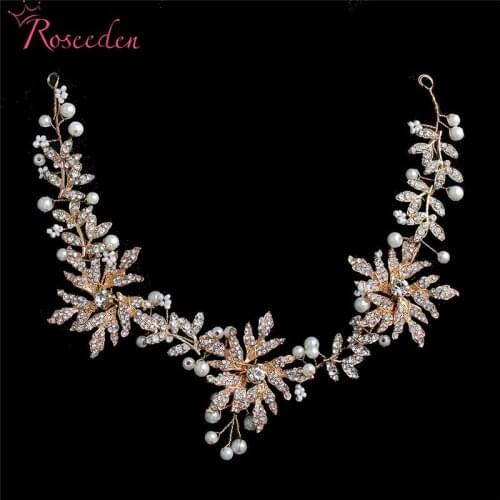Gold Handmade Rhinestone Crystal Pearls Floral Bridal Wedding Headband Headpiece Hair accessories Jewelry RE3325