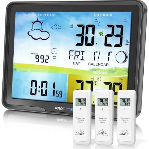 Protmex Weather Station Digital Automatic Radio Control Wireless Thermometer Hygrometer With 3 Sensor Indoor Outdoor Monitor 7.5