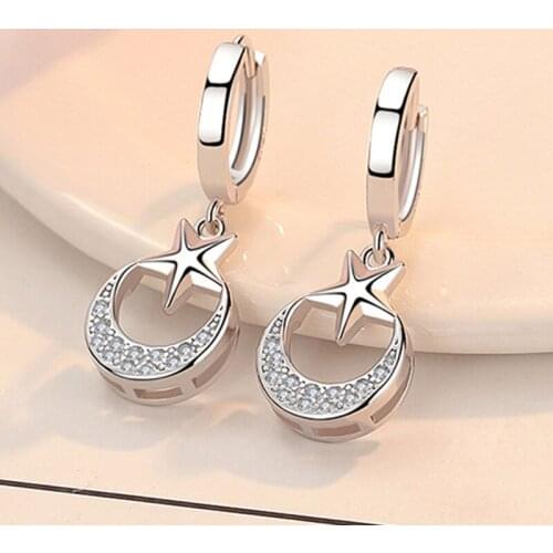 Romantic 925 Sterling Silver Crystal Star Moon Stud Earrings for Women Wedding Engagement Jewelry eh521