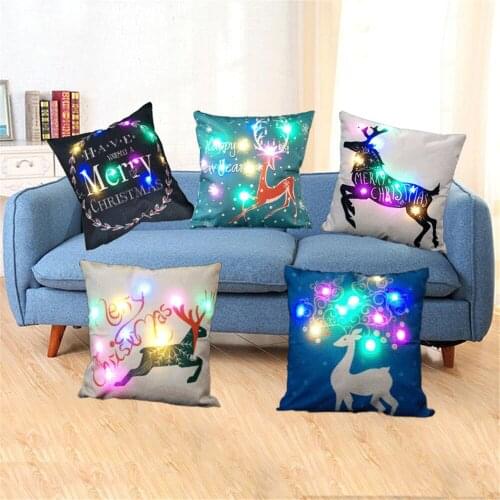LED Merry Christmas Cushion Covers Deer Print Pillowcases Home Decorative Throw Pillow Cover For Sofa Couch Car Seat