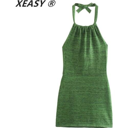 XEASY Women 2021 Sexy Fashion Backless Knitted Mini Dress Vintage Halter Collar With Bow Tied Summer Female Dresses Vestidos