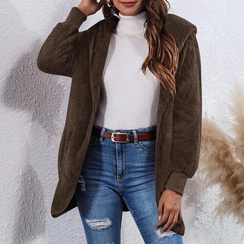Women Autumn Winter Long Sleeve Hooded Coat Plush Warm Outerwear Pockets Jacket