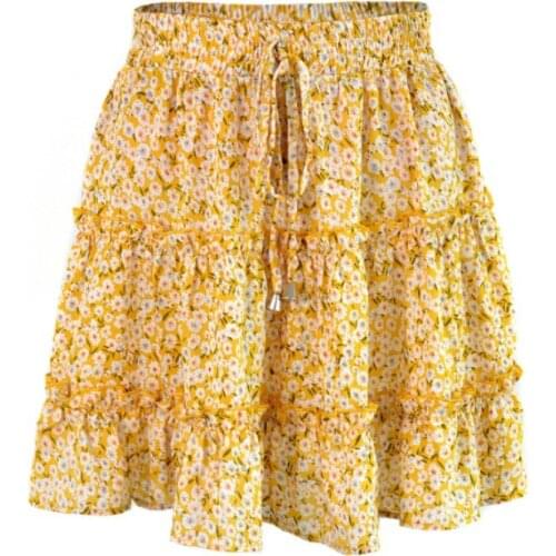 2021 Summer Autumn European Womens High Waist Ruffle Floral Skirt Printed Beach A-line Skirt Girls Yellow Broken Flower