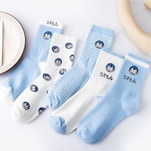 Women Middle Tube Cotton Blue White Socks Cute Animals Cartoon Anime Casual Personality Fashion Breathable Socks For Girls