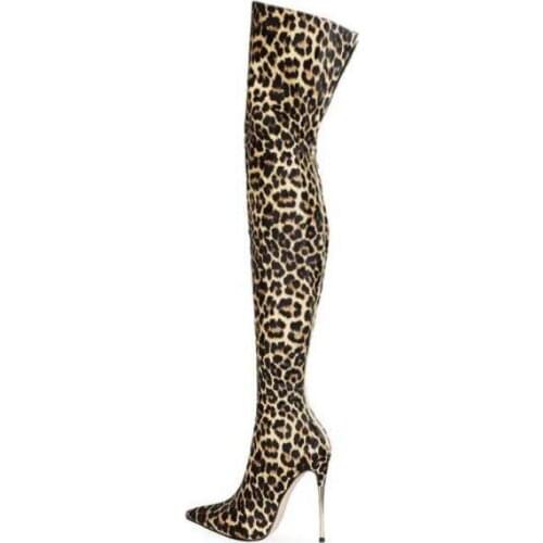 Large Size Stiletto 12cm Over-the-knee Boots Sexy Leopard-print High-heeled Shoes Woman With Back Zipper Catwalk Long Boots