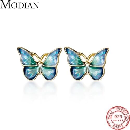 MODIAN Blue Enamel Lovely Butterflies Stud Earring for Women 925 Sterling Silver Fashion Insect Ear Studs Fine Jewelry Bijoux