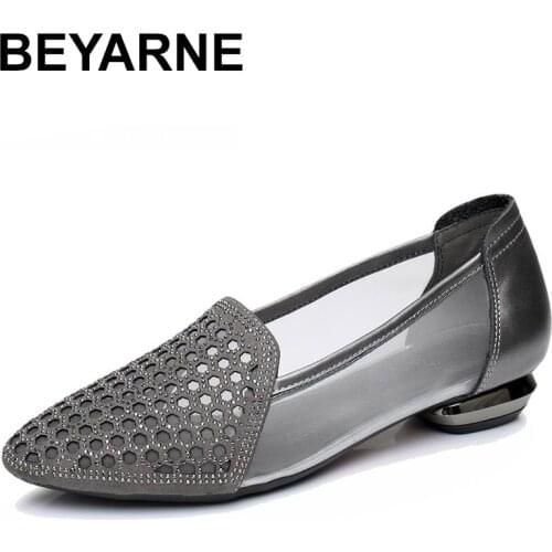BEYARNE Flats Woman New Arrival Rhinestone Pointed toe Gauze Women Shoes Genuine Leather Comfortable Flat Shoes Size 35-42E347