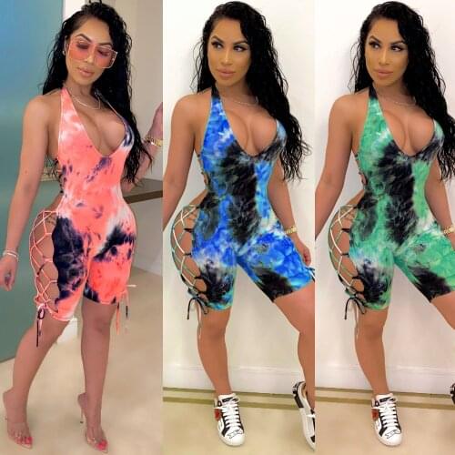 2021 Sexy Women Deep V-neck Jumpsuit Sleeveless Halter Backless Hollow Out Playsuit Rompers Sports Floral Print Lace-up Jumpsuit