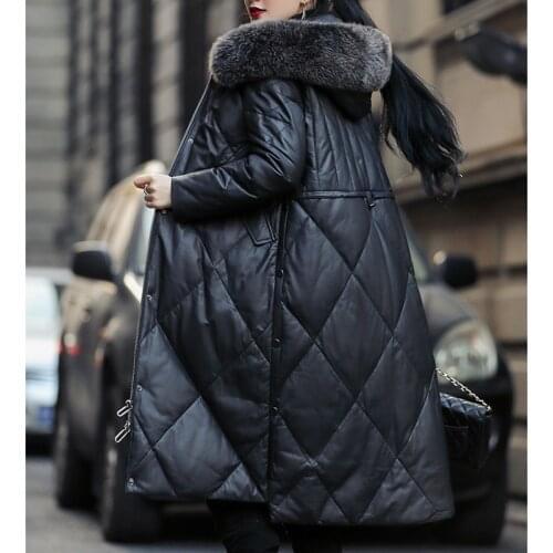 2021 Jacket Leather Winter Womens Long Fox Fur Collar Hooded Genuine Sheepskin Down Coat Women Brand Thicking Chothes Warm Coat