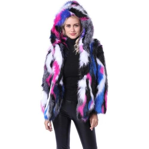 Mixed Color Fur Hooded Women Plus Size Winter Warm Short Faux Fox Fur Coat Vintage Long Sleeve Streetwear Ladies Coats