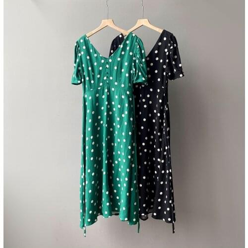 Linen Polka Dot Dress Womens 2021 Summer New French Style V-neck Puff Sleeve Waist Slimming Dress