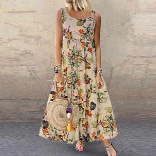 Summer Hot Sale Vintage Print Harajuku Casual Loose Dress Ladies 2021 New Sleeveless O-neck Plus Size 5xl Women Long Dresses