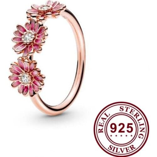 100% 925 Silver Creative Rose Gold Three Pink Daisy Chrysanthemum Ring For Women Wedding Party Gift Fashion Jewelry