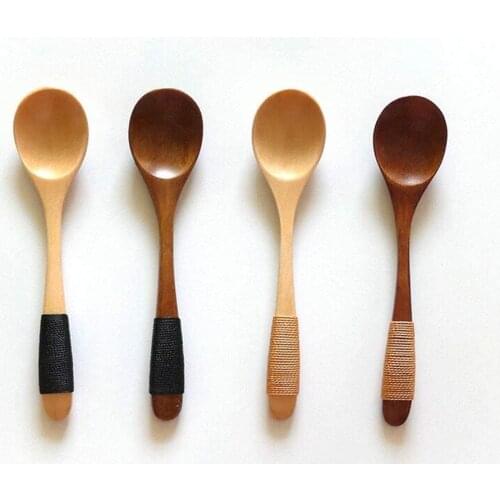 4Pcs Mini Wooden Spoons Wood Soup Spoon for Eating Mixing Stirring Cooking Japanese Style Utensil with Tied Line on Handle