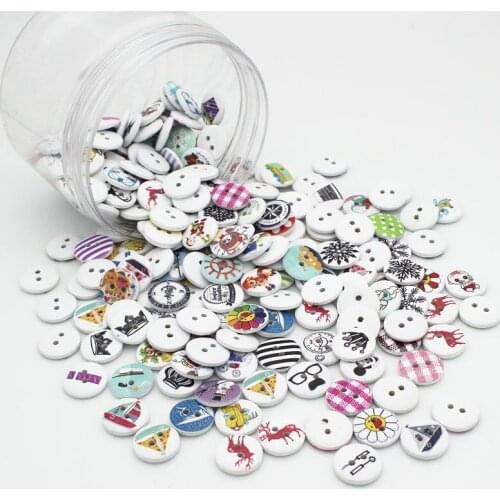 50/100Pcs Random Mix Flower Printed Round Wooden Button 2 Holes 15mm Wood Buttons For Decorative Buttons DIY Sewing Accessories
