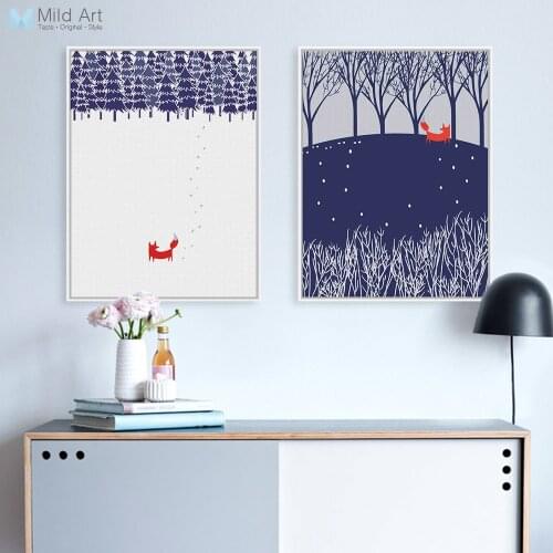 Abstract Landscape Snow Forest Cute Animal Fox Large Canvas A4 Art Print Poster Wall Picture Painting No Frame Nordic Home Decor