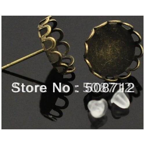 Free shipping!!! 200pcs/lot 16mm Bronze tonelace Cabochon Settings Earring studs set,earrins post,earrings blank