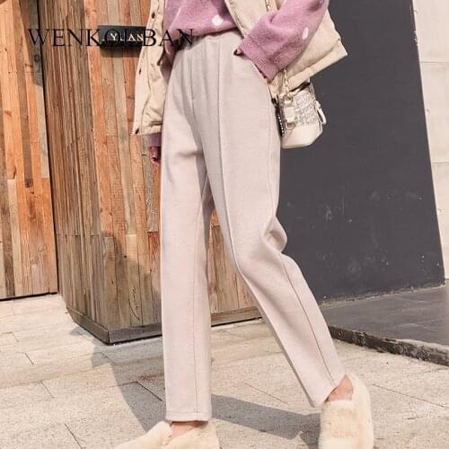 AutunmThick Pants Casual Elastic Waist Black Basic Pockets Office Lady Trousers 2021 Winter Women Pencil Pants Loose Harem Pants
