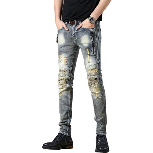 Mcikkny Men Ripped Biker Pleated Jeans Pants Zipper Pockets Stretch Denim Trousers For Male Patchwork
