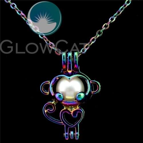 C70 Rainbow Color Monkey Beads Cage Essential Oil Diffuser Aroma Stone Pearl Cage Locket Necklace Kids Girl Gift