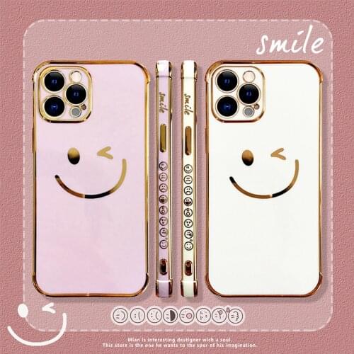 Ultra-thin Cute Smile Gold Plated Silicone Phone Case For iPhone 12 11 Pro XS Max XR 8 7 Plus Luxury Electroplated Cover Funda