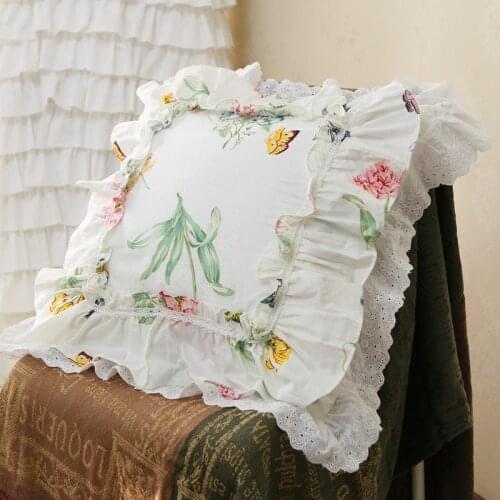 Butterfly love flower print cushion cover big ruffle Lace pillow cover Embroidery layers princess elegant bedding pillow case